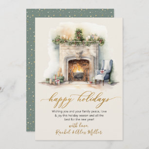 Happy Holidays Gold Script Fireplace Non Photo Holiday Card