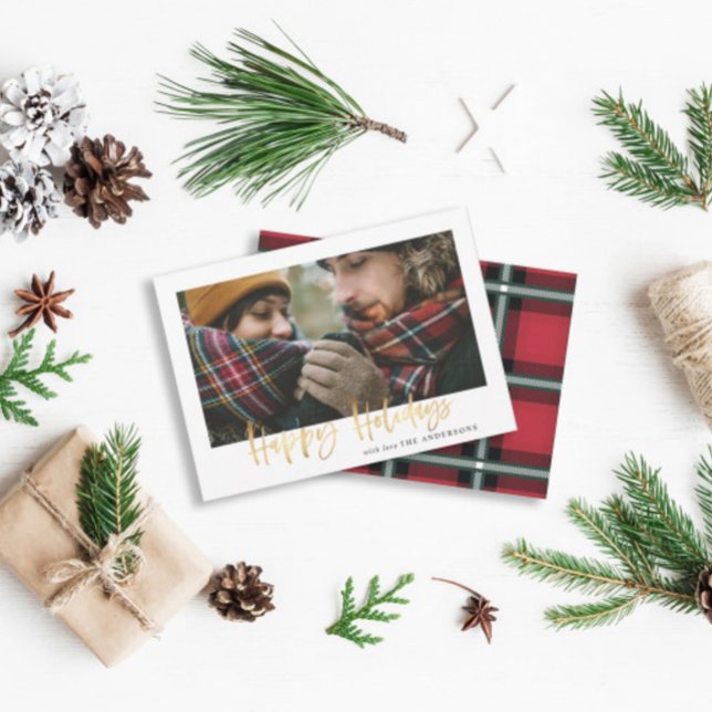 Happy holidays gold script red tartan christmas holiday card (Creator Uploaded)