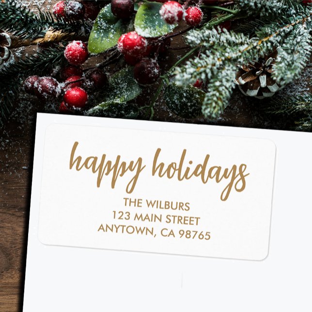 Happy Holidays Gold Script Return Address Label (Gold script Happy Holidays return address labels)