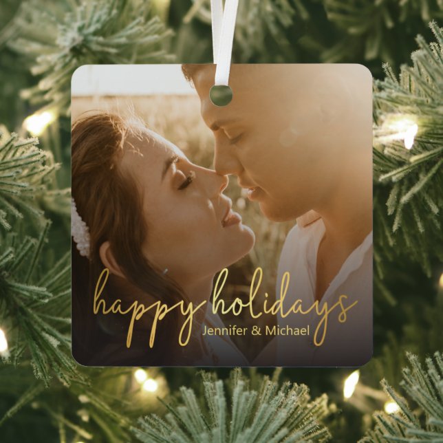 happy holidays gold script wedding photo  metal tree decoration (Insitu)