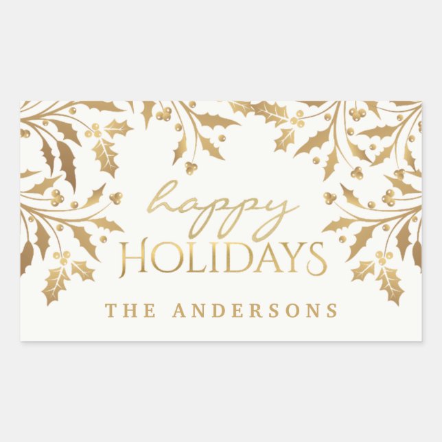Happy Holidays Gold Shimmer Holly Branches Rectangular Sticker (Front)