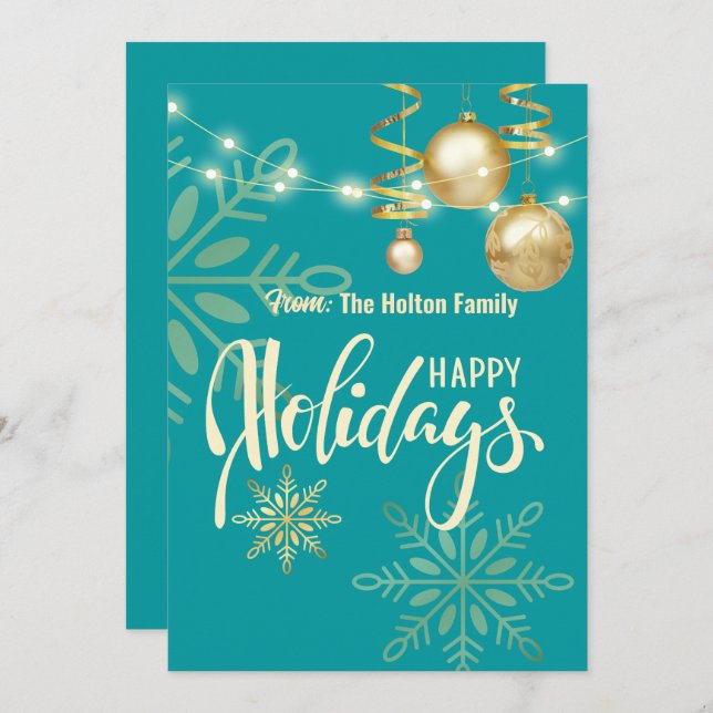 Happy holidays gold snow flakes and ornaments Xmas Invitation (Front/Back)