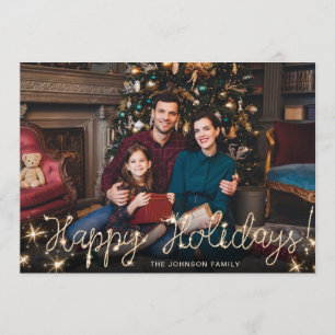 Happy Holidays Gold Sparkle Script PHOTO Greeting Holiday Card