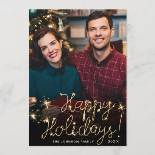 Happy Holidays Gold Sparkle Script PHOTO Greeting Holiday Card