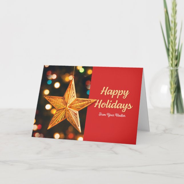 Happy Holidays Gold Star From Realtor Ornament  Holiday Card (Front)