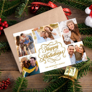 Happy Holidays Gold & White 5 Photo Collage Card