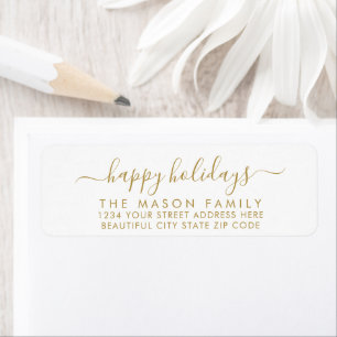 Happy Holidays Gold White Script Return Address Label