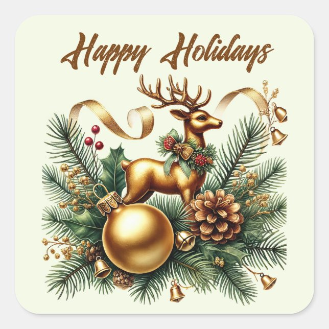 Happy Holidays golden reindeer add text  Square Sticker (Front)