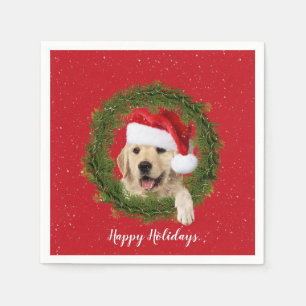 Happy Holidays Golden Retriever in wreath Napkin