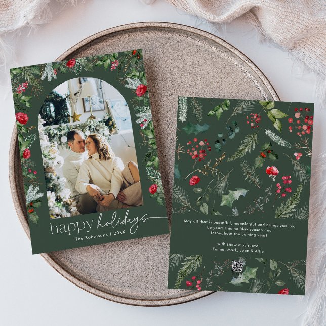 Happy Holidays Green 1 Photo Botanical Arch Modern Holiday Card (Creator Uploaded)
