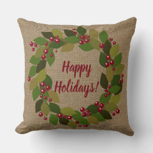 Happy Holidays!   Green and Red Wreath Holiday Cushion