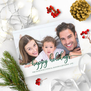 Happy Holidays Green Calligraphy Photo Christmas Postcard
