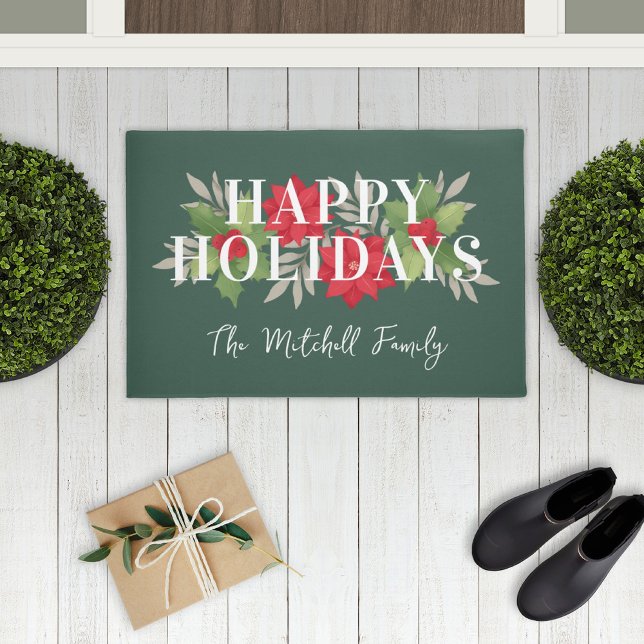 Happy Holidays Green Christmas Floral Family Name Doormat (Creator Uploaded)