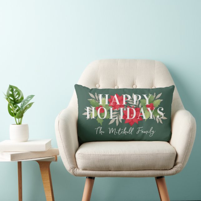 Happy Holidays Green Christmas Floral Family Name Lumbar Cushion (Chair)