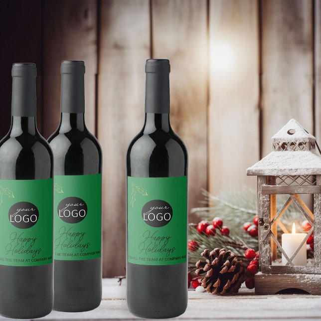 Happy Holidays Green Custom Logo Company Wine Label (Logo branded christmas wine bottle labels by Busy Business Bee)