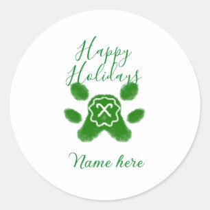 Happy holidays green dog pet paw candy cane animal classic round sticker