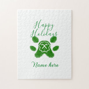 Happy holidays green dog pet paw candy cane animal jigsaw puzzle