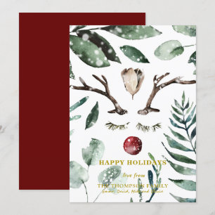HAPPY Holidays Green Foliage Reindeer Magnolia Holiday Card