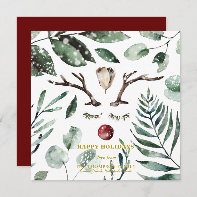 HAPPY Holidays | Green Foliage Reindeer Square Holiday Card (Front/Back)