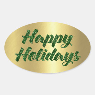 Happy Holidays Green Glitter on Gold Oval Sticker