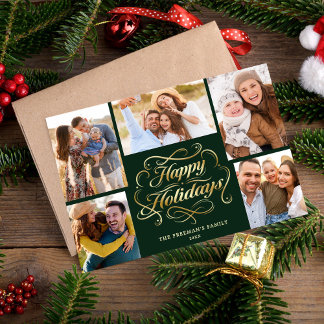 Happy Holidays Green & Gold 5 Photo Collage Card