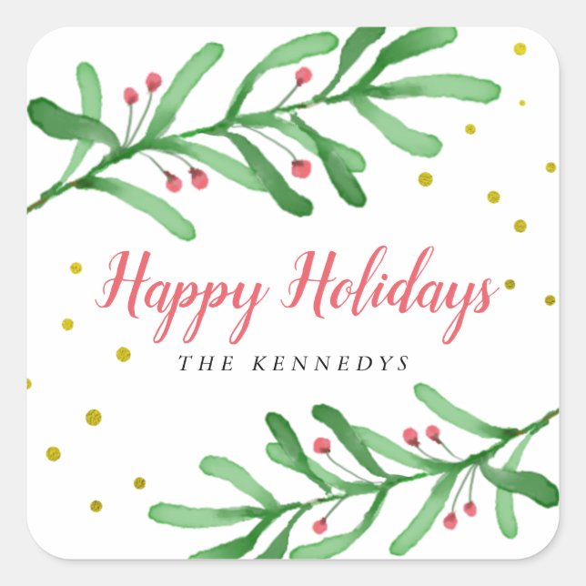 Happy Holidays Green Leaves Family Name Christmas  Square Sticker (Front)