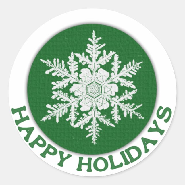 Happy Holidays Green Paper Snowflake Classic Round Sticker (Front)