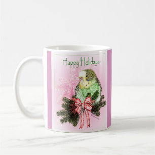 Happy Holidays Green Parakeet with Christmas Bow Coffee Mug