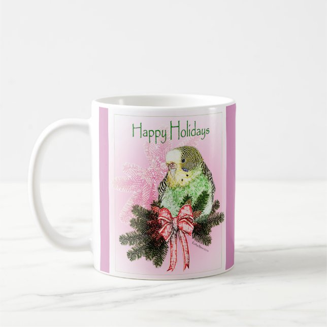 Happy Holidays Green Parakeet with Christmas Bow Coffee Mug (Left)