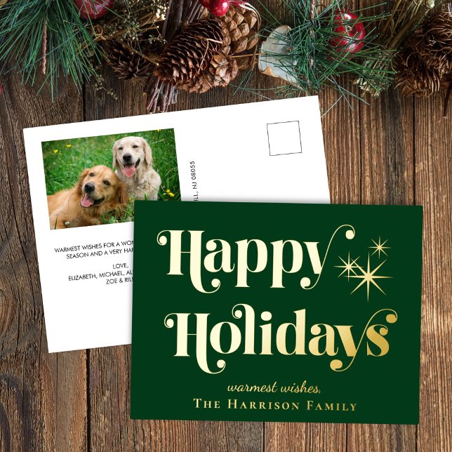 Happy Holidays Green Photo Christmas Foil Holiday Postcard (Creator Uploaded)