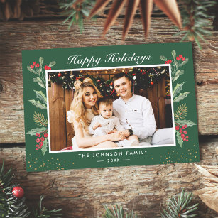 Happy Holidays Green Red Berries Christmas Photo Holiday Card
