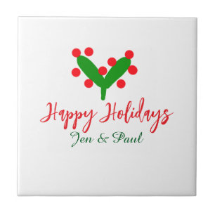 Happy holidays green red couple name green leaf ceramic tile