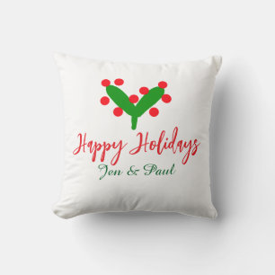 Happy holidays green red couple name green leaf cushion