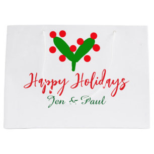 Happy holidays green red couple name green leaf large gift bag
