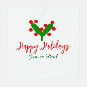 Happy holidays green red couple name green leaf metal tree decoration