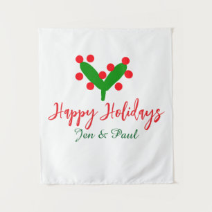Happy holidays green red couple name green leaf tapestry