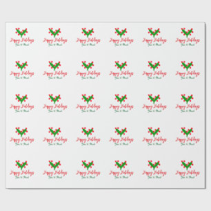 Happy holidays green red couple name green leaf wrapping paper