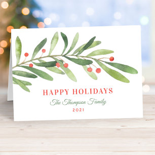 Happy Holidays Green Red Winter Greenery Holiday Card