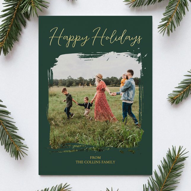 Happy Holidays Green Script Modern Minimal Photo Foil Holiday Card (Happy Holidays Green Script Modern Minimal Photo Foil Holiday Card)