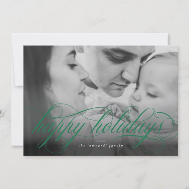 Happy Holidays Green Script Photo Christmas Card (Front)