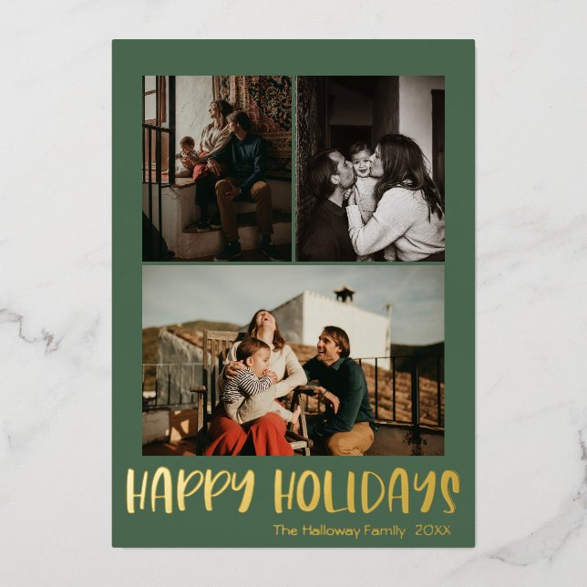 Happy Holidays | Green Vertical 3 Photo | Gold Foil Holiday Card (Front)