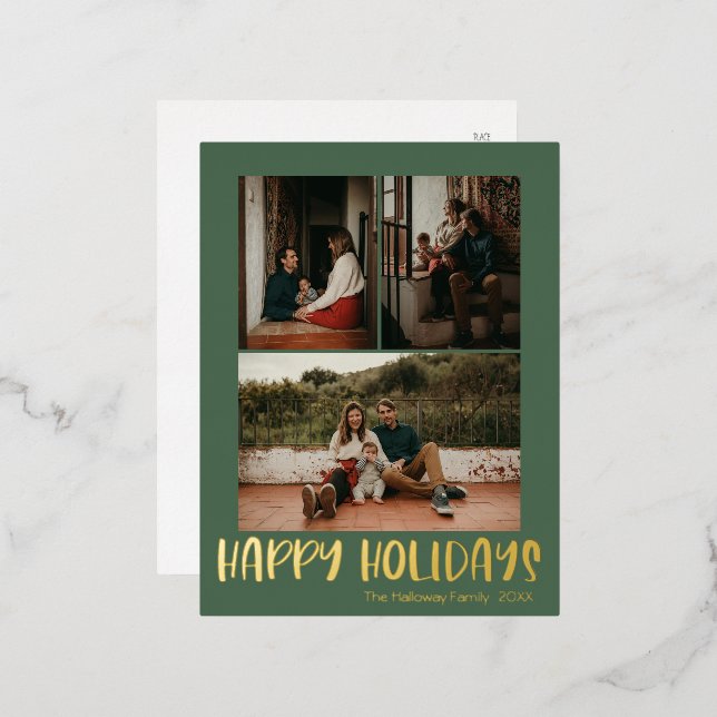 Happy Holidays | Green Vertical 3 Photo | Gold Foil Holiday Postcard (Front/Back)