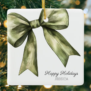 Happy Holidays Green Watercolor Bow Christmas Ceramic Ornament