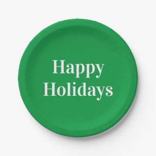 "Happy Holidays" green white Paper Plate