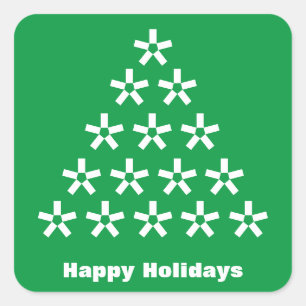 Happy Holidays Green white snow Stars Tree paper Square Sticker