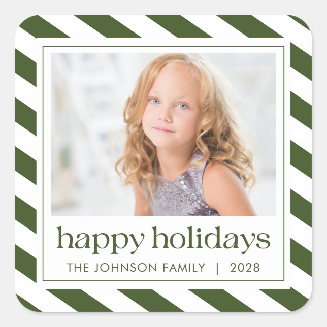  Happy Holidays Green White Stripe Photo Square Sticker (Front)
