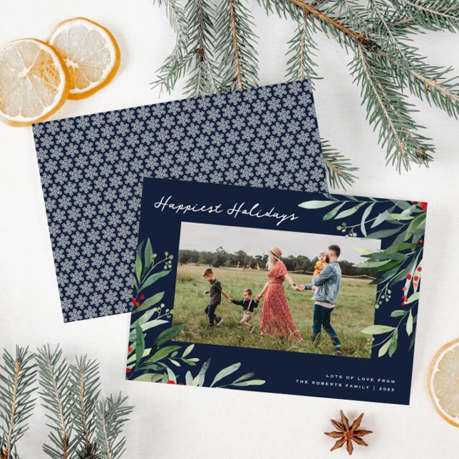happy holidays greenery frame navy christmas card (Creator Uploaded)