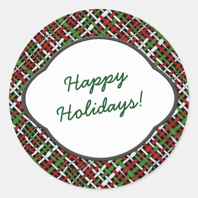 Happy Holidays Greeting on Seasonal Burlap Classic Round Sticker (Front)