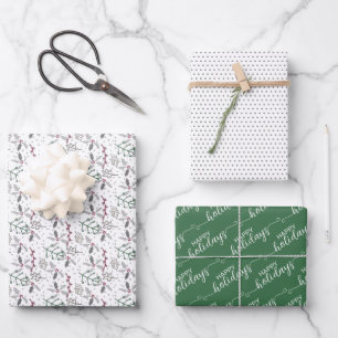 Happy Holidays Greeting Wish On Green And White Wrapping Paper Sheet