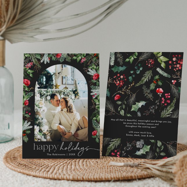 Happy Holidays Grey 1 Photo Botanical Arch Elegant Holiday Card (Creator Uploaded)